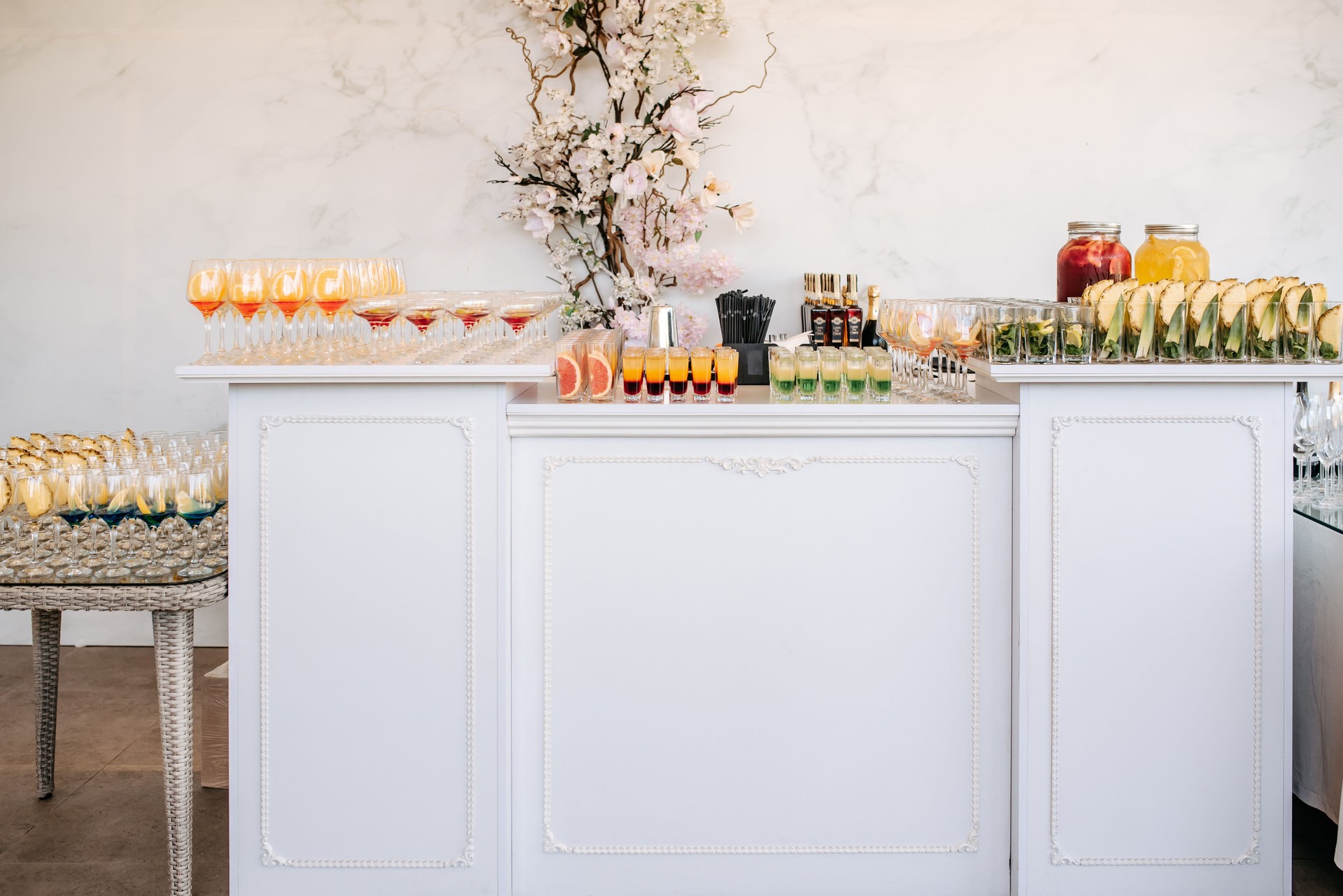 Close up cocktail bar table on a wedding reception